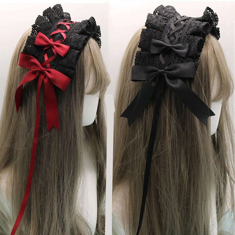 2022 Gothic Bowknot Sweet Hair Hoop Anime Maid Cosplay Headband Lolita Lace Flower Headwear Accessory Dropshipping - KIMLUD