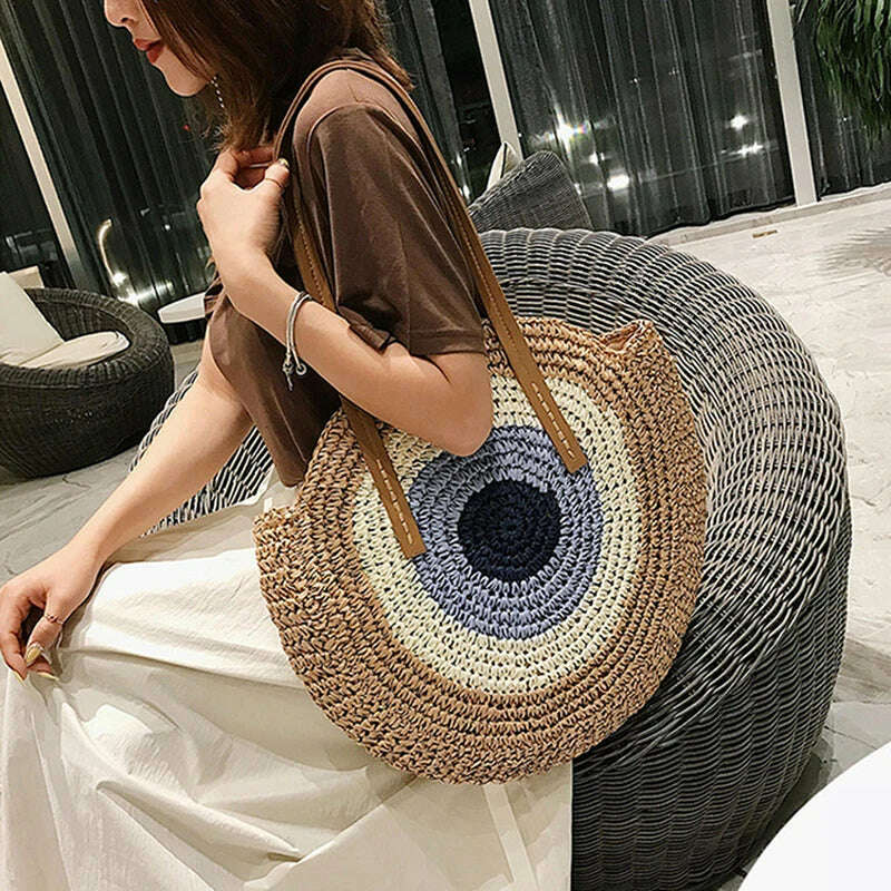 KIMLUD, 2022 Large Capacity Round Zipper Fashionable Straw Woven Bag Handmade Summer Beach Travel Holiday Women Bags, KIMLUD Womens Clothes