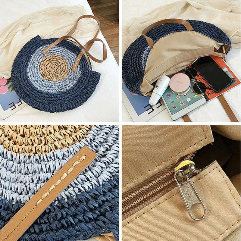 KIMLUD, 2022 Large Capacity Round Zipper Fashionable Straw Woven Bag Handmade Summer Beach Travel Holiday Women Bags, KIMLUD Womens Clothes