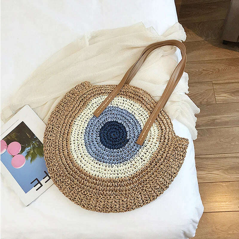 KIMLUD, 2022 Large Capacity Round Zipper Fashionable Straw Woven Bag Handmade Summer Beach Travel Holiday Women Bags, KIMLUD Womens Clothes