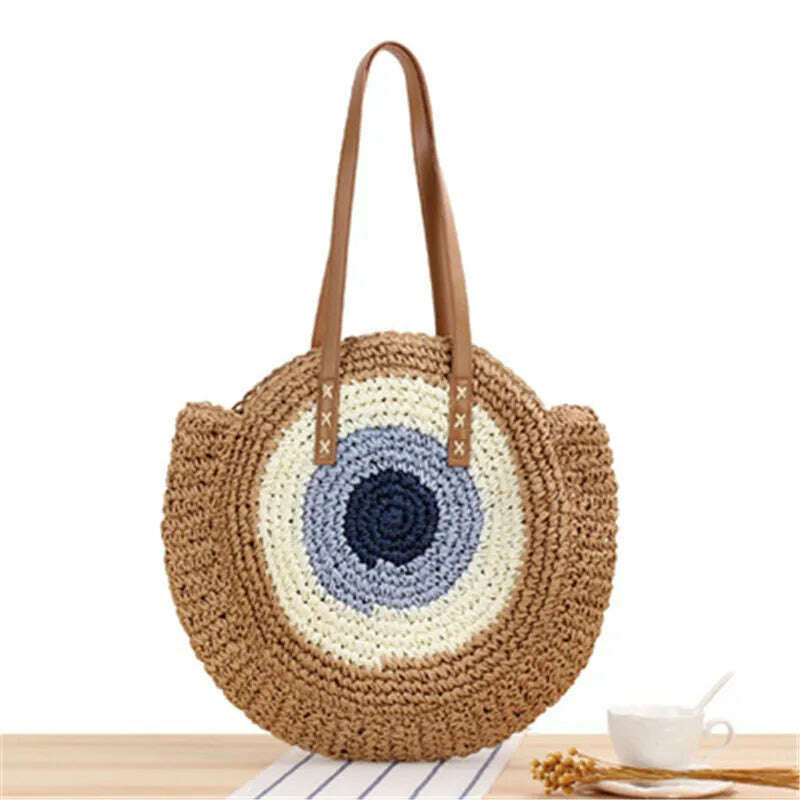 KIMLUD, 2022 Large Capacity Round Zipper Fashionable Straw Woven Bag Handmade Summer Beach Travel Holiday Women Bags, brown 1 / CHINA, KIMLUD Womens Clothes