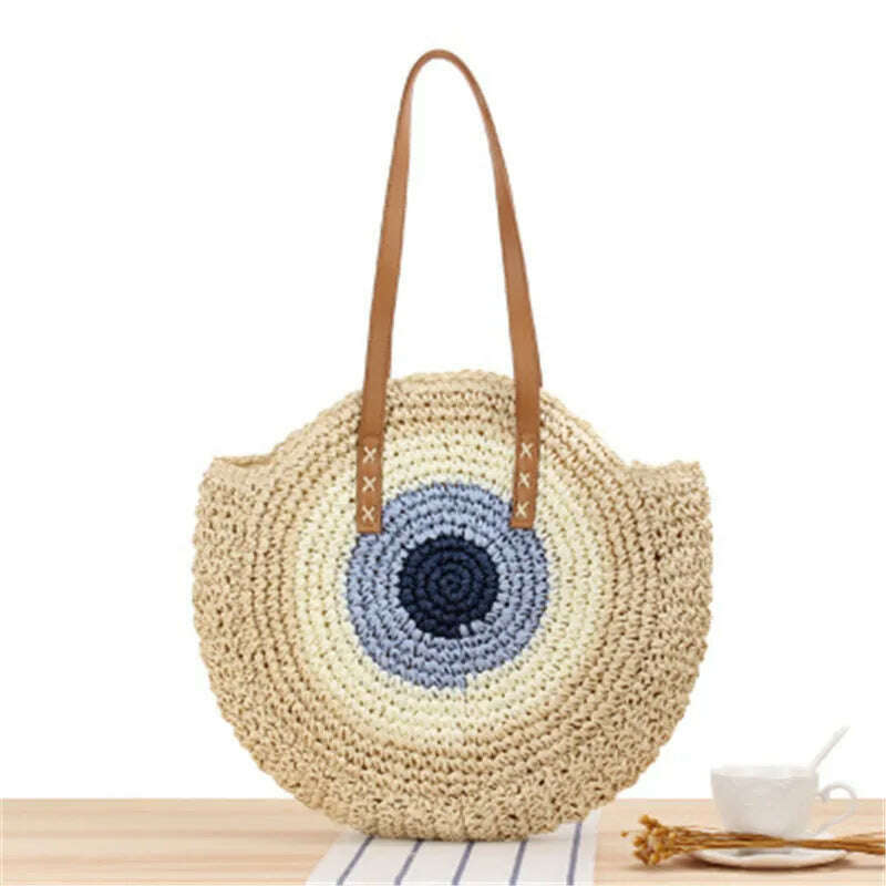 KIMLUD, 2022 Large Capacity Round Zipper Fashionable Straw Woven Bag Handmade Summer Beach Travel Holiday Women Bags, cream-coloured 1 / CHINA, KIMLUD Womens Clothes