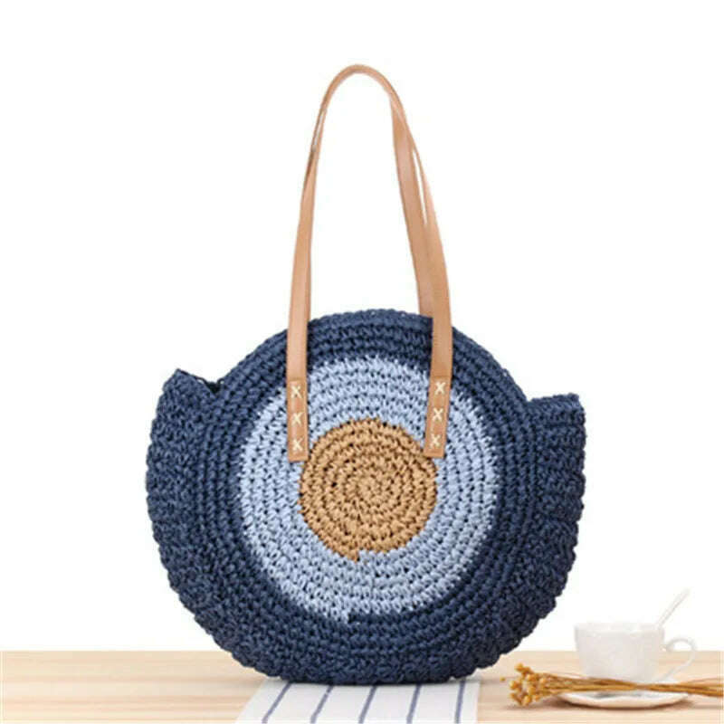 KIMLUD, 2022 Large Capacity Round Zipper Fashionable Straw Woven Bag Handmade Summer Beach Travel Holiday Women Bags, blue 1 / CHINA, KIMLUD Womens Clothes