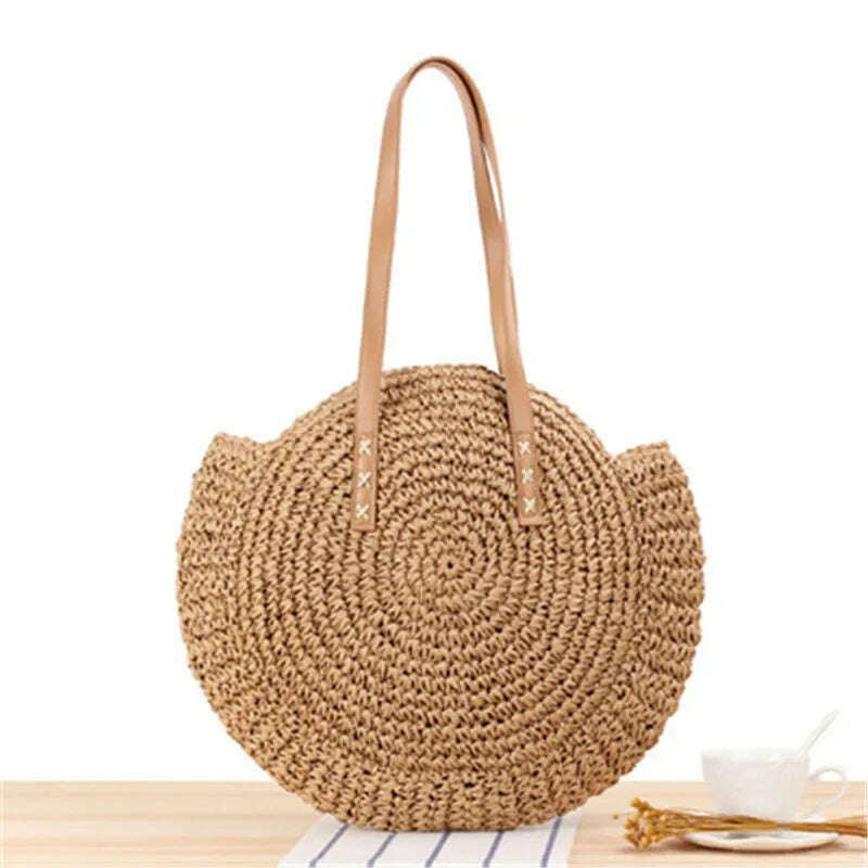 KIMLUD, 2022 Large Capacity Round Zipper Fashionable Straw Woven Bag Handmade Summer Beach Travel Holiday Women Bags, Brown A / CHINA, KIMLUD Womens Clothes