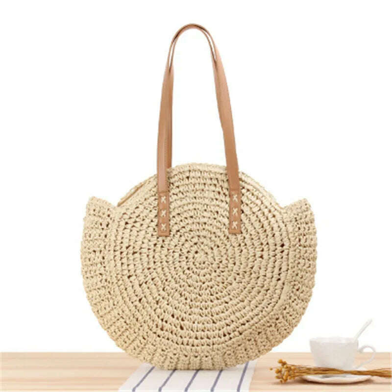 KIMLUD, 2022 Large Capacity Round Zipper Fashionable Straw Woven Bag Handmade Summer Beach Travel Holiday Women Bags, Beige A / CHINA, KIMLUD Womens Clothes