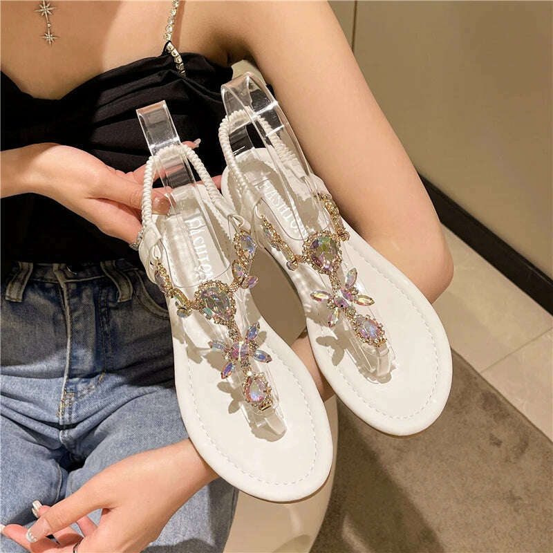 KIMLUD, 2022 New Summer Flats Sandals Women Crystal Clip Toe Slippers Trend Luxury Brand Ladies Shoes Beach Causal Slides Mujer Zapatos, Beige / 36, KIMLUD Womens Clothes