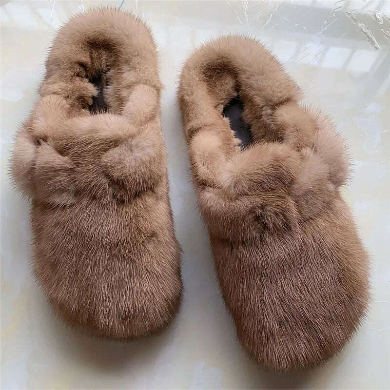 2022 The New Ladies Fur Slippers 100% Mink Fur Slippers Autumn And Winter Furry Flat Slippers Indoor Slippers Muller Slippers - KIMLUD