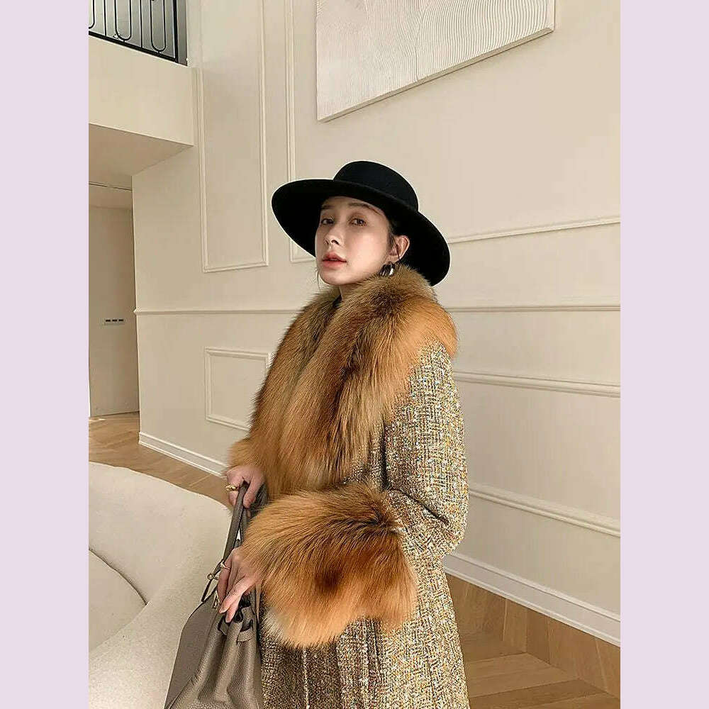 KIMLUD, 2022 Winter New Long Fur Coat Women's Fox Fur Large Fur Collar Tweed Coat, KIMLUD Womens Clothes