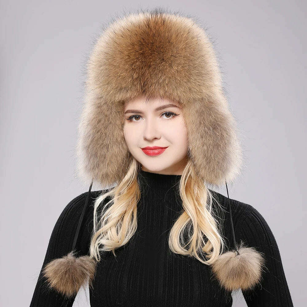 2023 100% Real Fox Fur Hats Women's Russian Ushanka Aviator Trapper Snow Skiing Hat Caps Earflap Winter Raccoon Fur Bomber Hat - KIMLUD