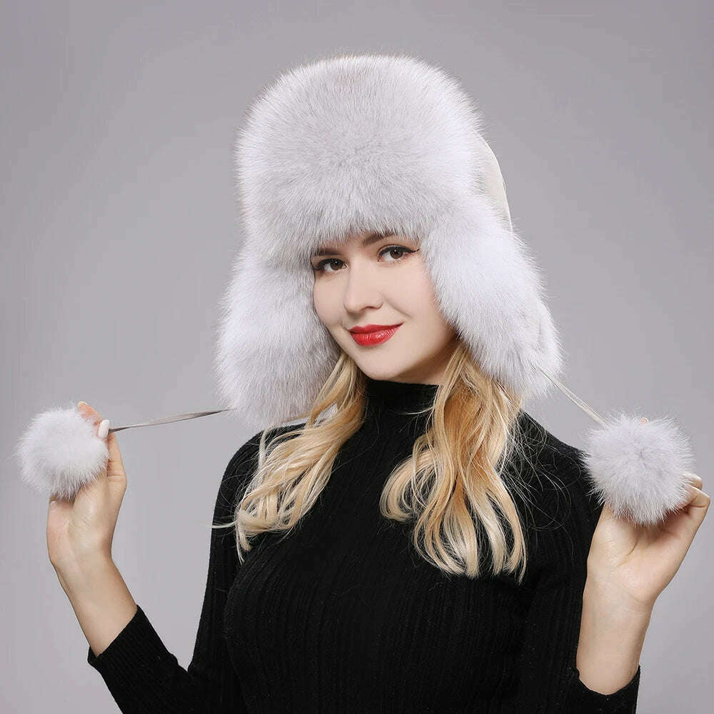 2023 100% Real Fox Fur Hats Women's Russian Ushanka Aviator Trapper Snow Skiing Hat Caps Earflap Winter Raccoon Fur Bomber Hat - KIMLUD