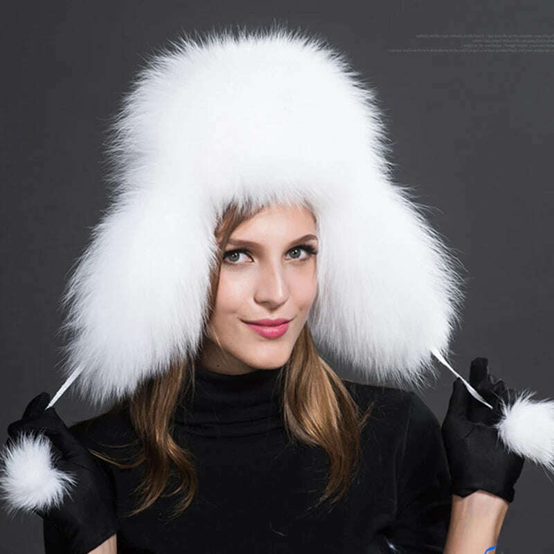 KIMLUD, 2023 100% Real Fox Fur Hats Women's Russian Ushanka Aviator Trapper Snow Skiing Hat Caps Earflap Winter Raccoon Fur Bomber Hat, KIMLUD Womens Clothes