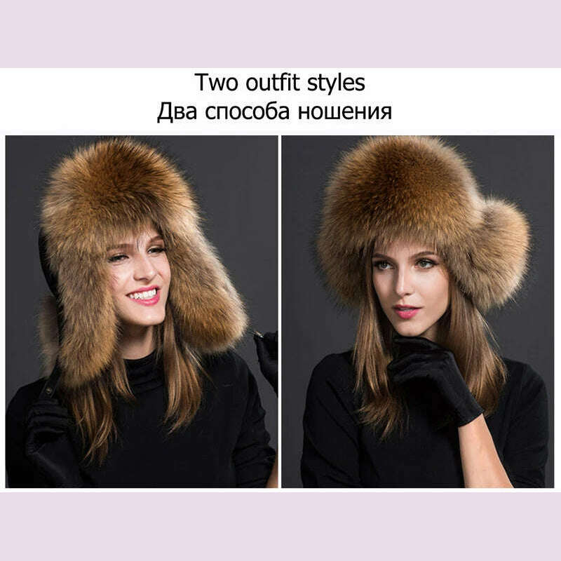 2023 100% Real Fox Fur Hats Women's Russian Ushanka Aviator Trapper Snow Skiing Hat Caps Earflap Winter Raccoon Fur Bomber Hat - KIMLUD