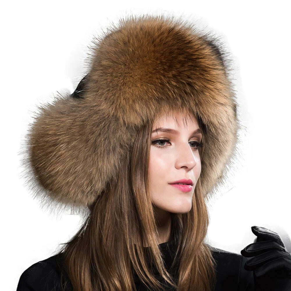 KIMLUD, 2023 100% Real Fox Fur Hats Women's Russian Ushanka Aviator Trapper Snow Skiing Hat Caps Earflap Winter Raccoon Fur Bomber Hat, KIMLUD Womens Clothes