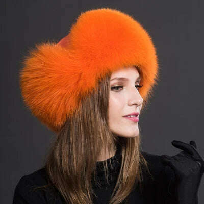 KIMLUD, 2023 100% Real Fox Fur Hats Women's Russian Ushanka Aviator Trapper Snow Skiing Hat Caps Earflap Winter Raccoon Fur Bomber Hat, orange / One Size, KIMLUD APPAREL - Womens Clothes