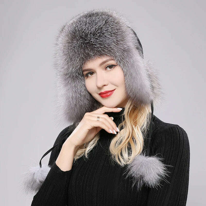 2023 100% Real Fox Fur Hats Women's Russian Ushanka Aviator Trapper Snow Skiing Hat Caps Earflap Winter Raccoon Fur Bomber Hat - KIMLUD