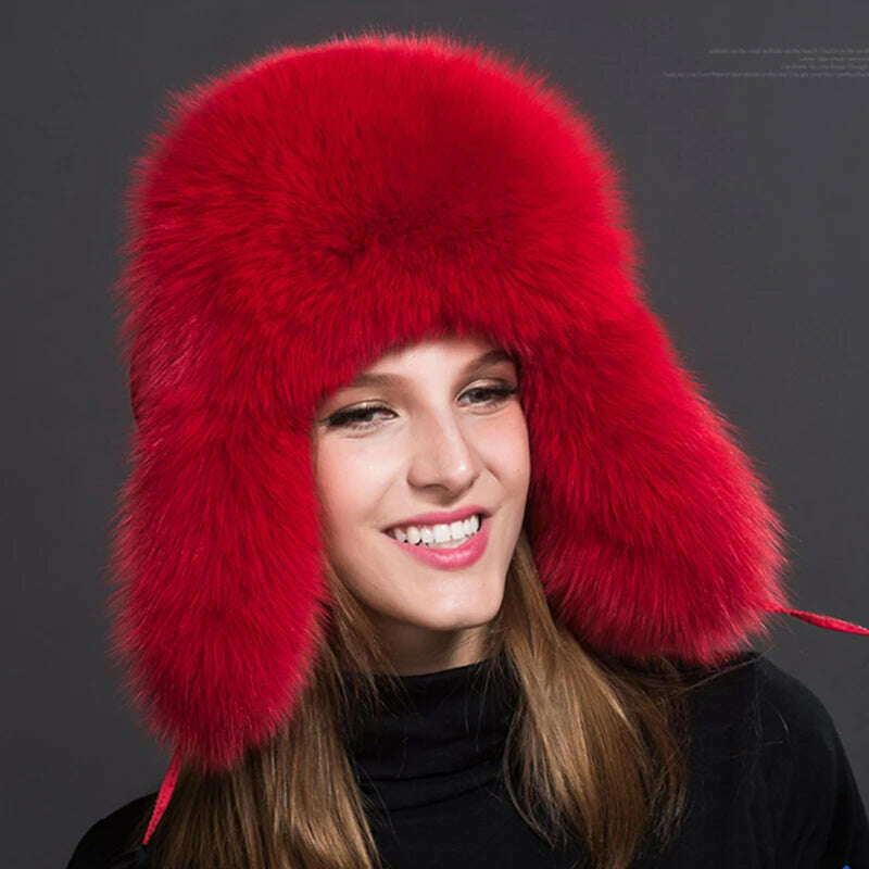 KIMLUD, 2023 100% Real Fox Fur Hats Women's Russian Ushanka Aviator Trapper Snow Skiing Hat Caps Earflap Winter Raccoon Fur Bomber Hat, red / One Size, KIMLUD APPAREL - Womens Clothes