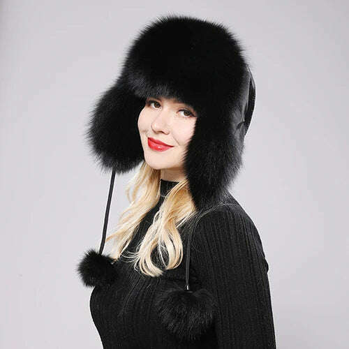 KIMLUD, 2023 100% Real Fox Fur Hats Women's Russian Ushanka Aviator Trapper Snow Skiing Hat Caps Earflap Winter Raccoon Fur Bomber Hat, black / One Size, KIMLUD APPAREL - Womens Clothes