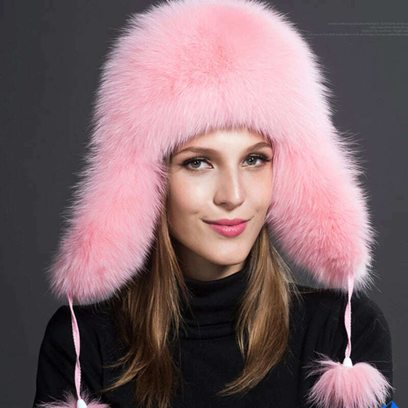 KIMLUD, 2023 100% Real Fox Fur Hats Women's Russian Ushanka Aviator Trapper Snow Skiing Hat Caps Earflap Winter Raccoon Fur Bomber Hat, pink / One Size, KIMLUD APPAREL - Womens Clothes