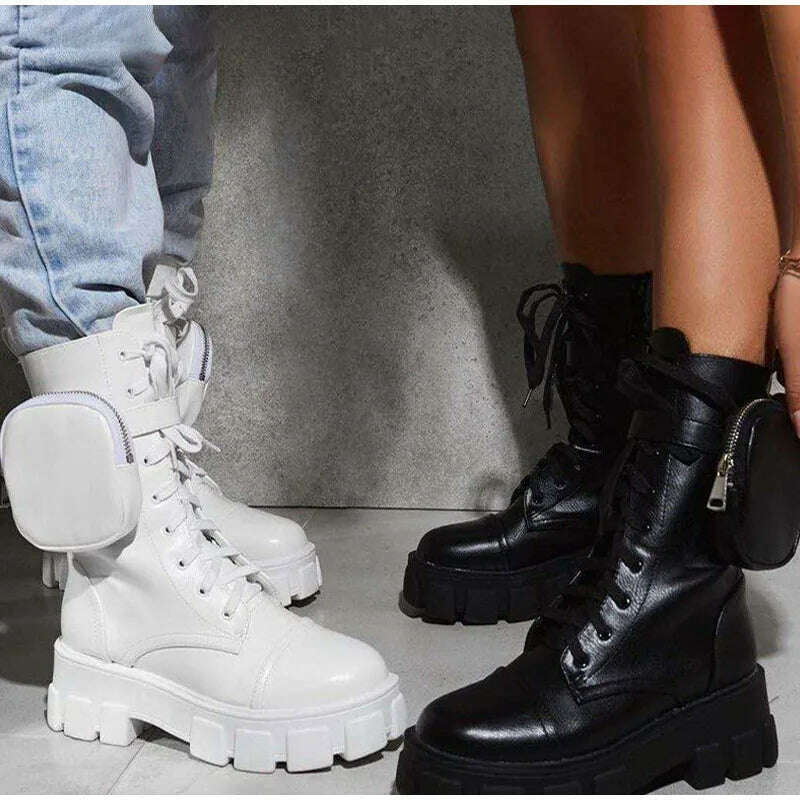 2023 Autumn Winter Bootie Pocket Buckle Strap Pink Chunky Boots Leather Patchwork Arrival Platform Boots Mid-calf Cross-tied - KIMLUD