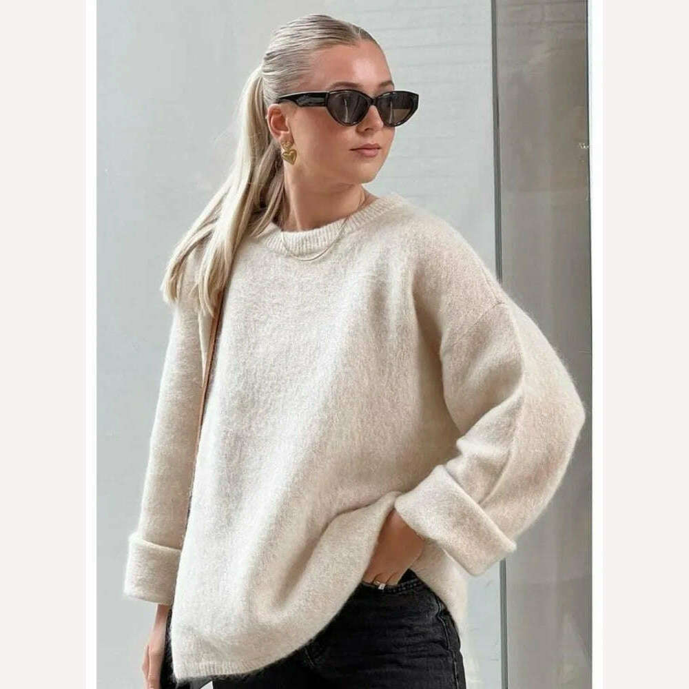 KIMLUD, 2023 Autumn Women Solid Warm Sweater Pullover Casual Loose O Neck Long Sleeve Knit Tops Ladies Oversize High Street Knitwear, KIMLUD Womens Clothes