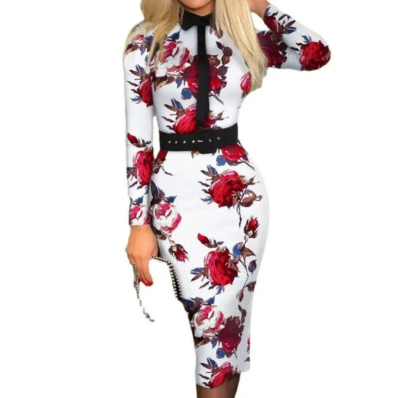 KIMLUD, 2023 Autumn/Winter Style Temperament Slim Fit Fashion Elegant Women's Suit Collar Pullover Mid Waist A-line Printing Belt Dress, KIMLUD Womens Clothes