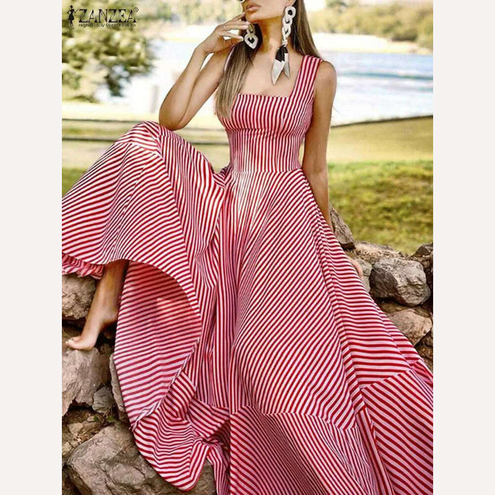 KIMLUD, 2023 Bohemian Holiday Sundress ZANZEA Summer Elegant Maxi Dress Women Chic Striped Robe Longue Beach Party Sleeveless Dress, Red / XL, KIMLUD Womens Clothes