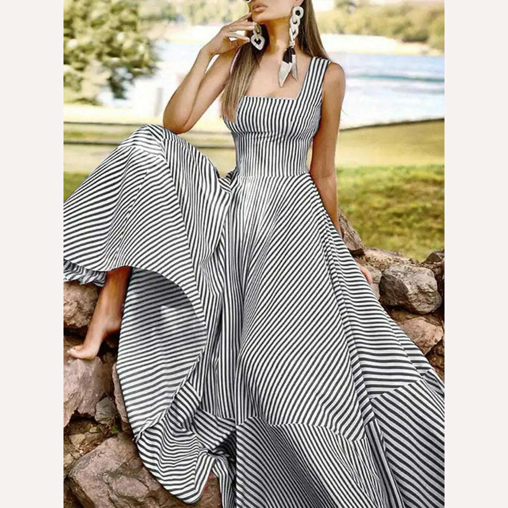 KIMLUD, 2023 Bohemian Holiday Sundress ZANZEA Summer Elegant Maxi Dress Women Chic Striped Robe Longue Beach Party Sleeveless Dress, Black / S, KIMLUD Womens Clothes