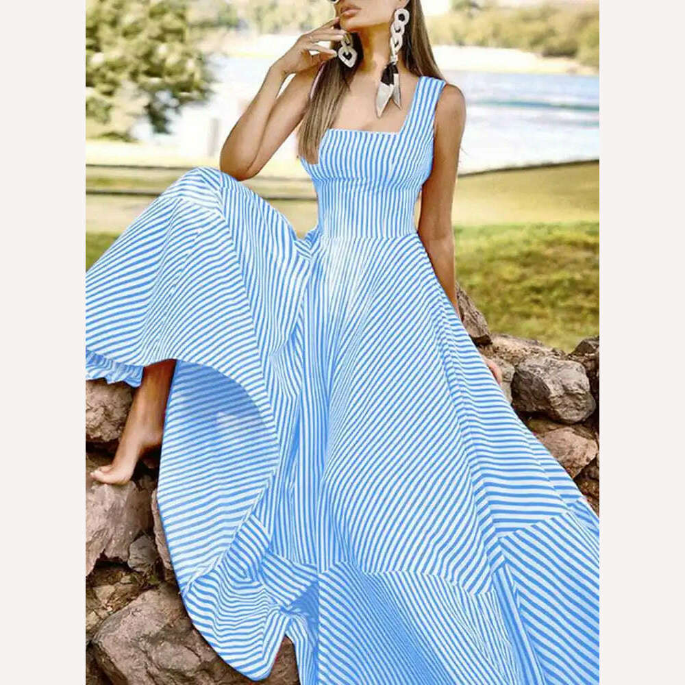 2023 Bohemian Holiday Sundress ZANZEA Summer Elegant Maxi Dress Women Chic Striped Robe Longue Beach Party Sleeveless Dress - KIMLUD