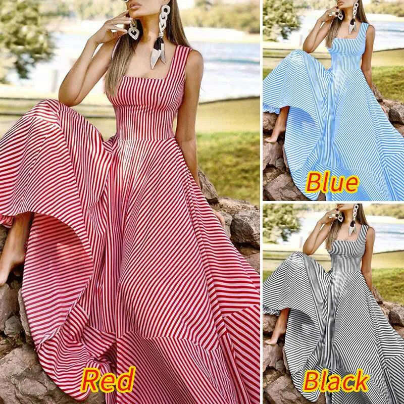 KIMLUD, 2023 Bohemian Holiday Sundress ZANZEA Summer Elegant Maxi Dress Women Chic Striped Robe Longue Beach Party Sleeveless Dress, KIMLUD Womens Clothes