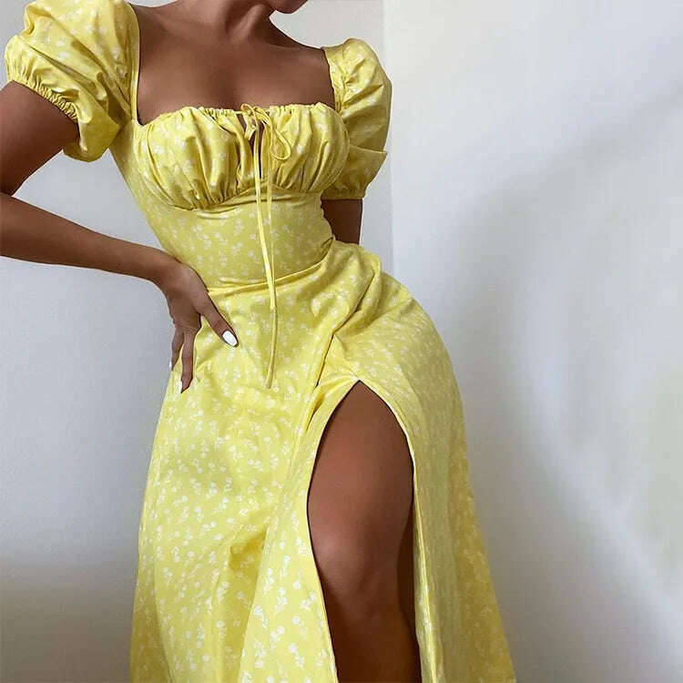 2023 Elegant French Floral Printed Half-Sleeve Maxi Dress Women's Sexy Backless Slim Halter Split Dresses A-Line Robe Vestidos - KIMLUD