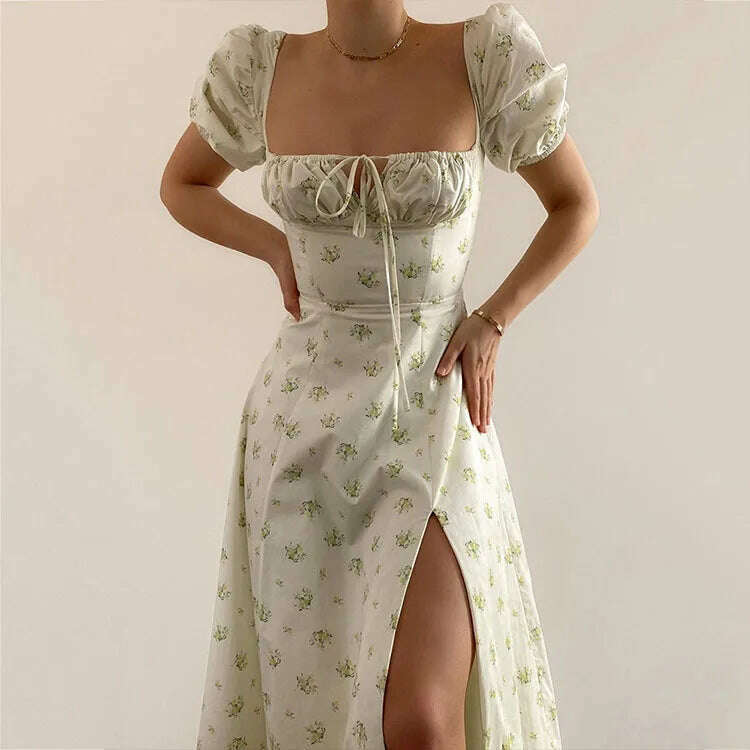 2023 Elegant French Floral Printed Half-Sleeve Maxi Dress Women's Sexy Backless Slim Halter Split Dresses A-Line Robe Vestidos - KIMLUD