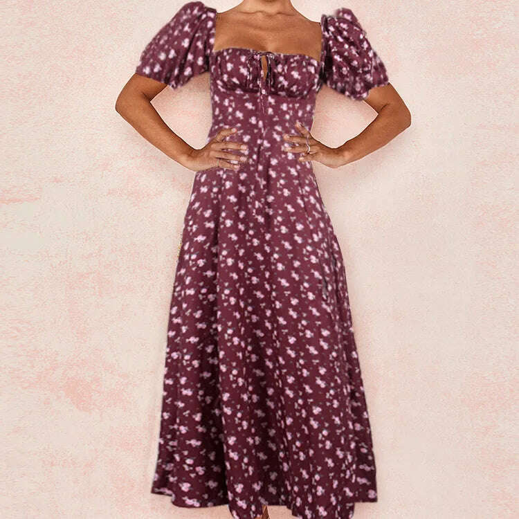 2023 Elegant French Floral Printed Half-Sleeve Maxi Dress Women's Sexy Backless Slim Halter Split Dresses A-Line Robe Vestidos - KIMLUD