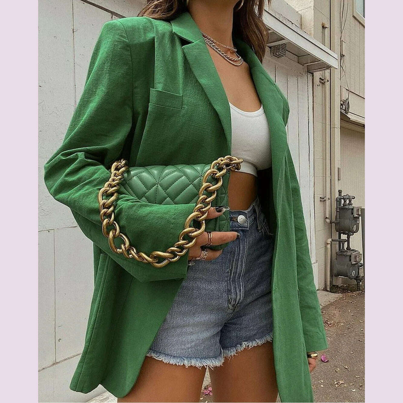 KIMLUD, 2023 Fashion Autumn Solid Shoulder Pads Blazer For Women Casual Long Sleeve Single-Breasted Loose Coat Tops Female Green Outwear, KIMLUD Womens Clothes