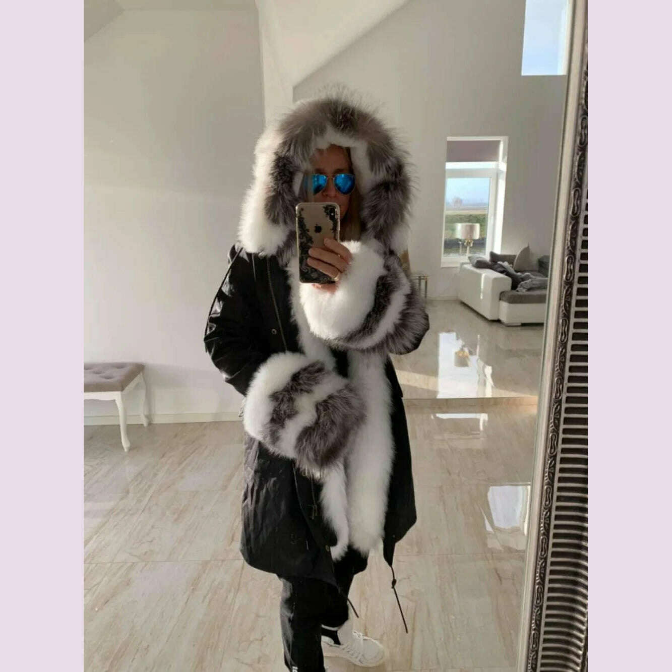 KIMLUD, 2023 Natural Real Fox Fur Jacke Coat Real Fox Fur Collar Cuff Hooded Coat Short Parka Long Camouflage winter jacket, KIMLUD Womens Clothes