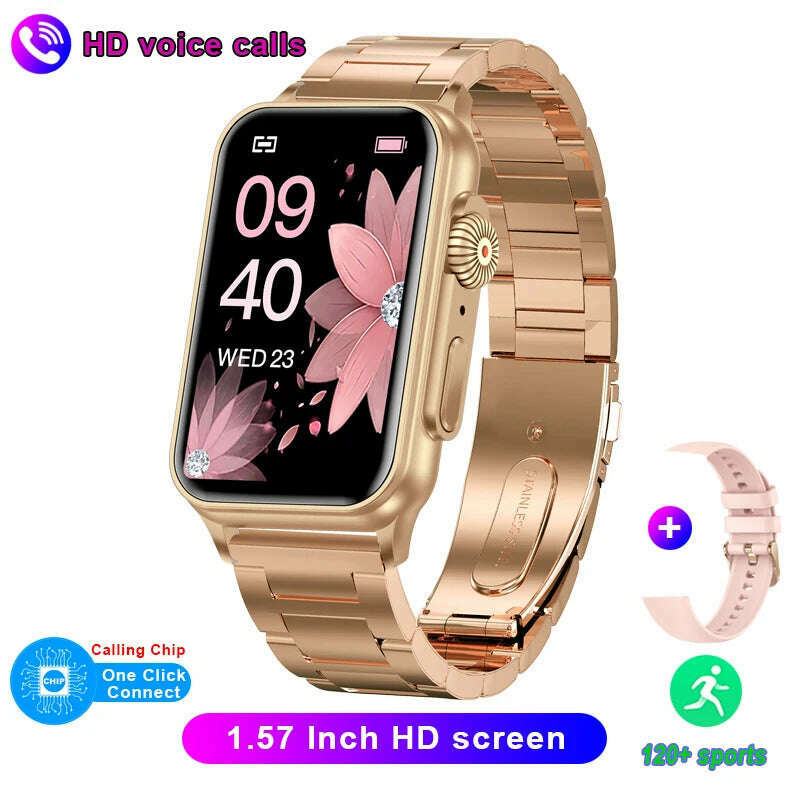 KIMLUD, 2023 New Bluetooth Call Smart Watch AI Voice Assistant Fitness Tracker 1.57 Inch HD Screen Smartwatch Men Women For Android IOS, Rose gold steel, KIMLUD Womens Clothes