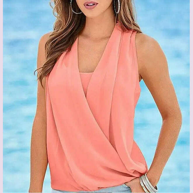 KIMLUD, 2023 New Fashion Summer Chiffon Cross Patchwork Women Solid Sleeveless Shirts Casual 4 Candy Colors Tops, Pink / XL, KIMLUD APPAREL - Womens Clothes