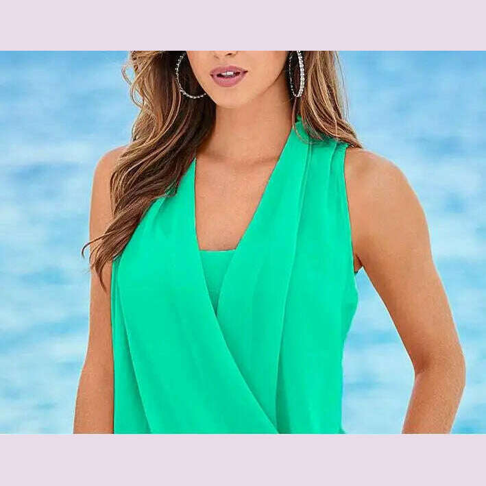 KIMLUD, 2023 New Fashion Summer Chiffon Cross Patchwork Women Solid Sleeveless Shirts Casual 4 Candy Colors Tops, lake green / XXXL, KIMLUD APPAREL - Womens Clothes