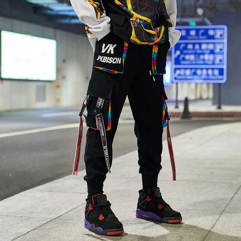 2023 New Hip-Hop Jogger Men's Harem Overalls Color Multi-Pocket Ribbon Men's Sports Pants Streetwear Casual Men's Casual Pants - KIMLUD