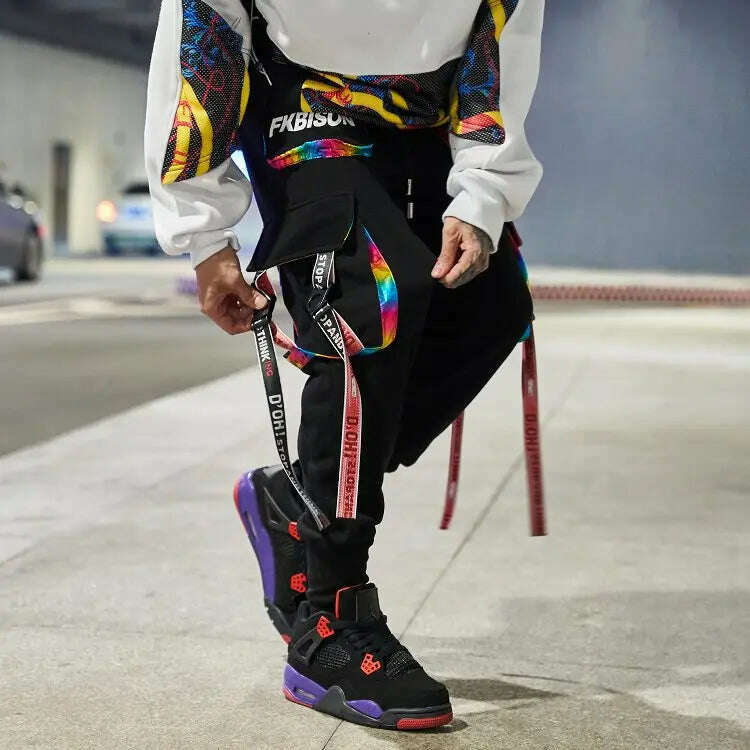 KIMLUD, 2023 New Hip-Hop Jogger Men's Harem Overalls Color Multi-Pocket Ribbon Men's Sports Pants Streetwear Casual Men's Casual Pants, KIMLUD Womens Clothes