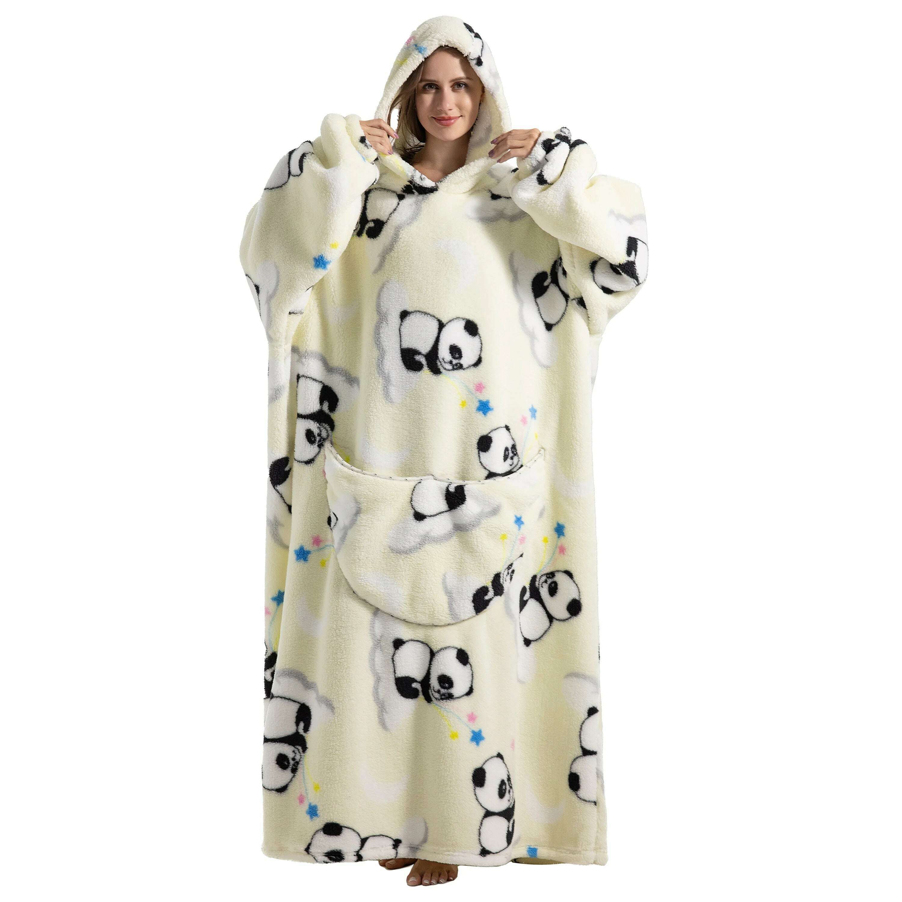 KIMLUD, 2023 New Oversized TV Wearable Blanket Extra Long Warm Plush Fleece Winter Sherp Hoodie Men Women Soft Sweatshirt Gifts, Panda-2 / Oversized-1pcs-140cm, KIMLUD APPAREL - Womens Clothes