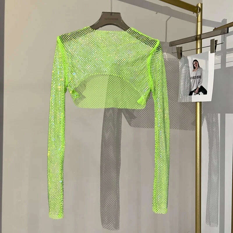 KIMLUD, 2023 new sexy bright diamond short top Slim thin Ms. hot drill long-sleeved T-shirt sexy leak waist nightclub, Green / One Size, KIMLUD Womens Clothes