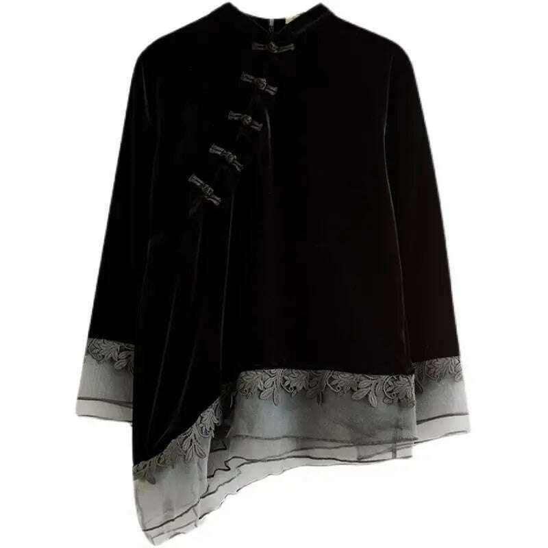 2023 New Spring and Autumn Chinoiserie Style Stand Collar Button Slant Placket Lace Jacquard Long Sleeve Velvet Cheongsam Top - KIMLUD