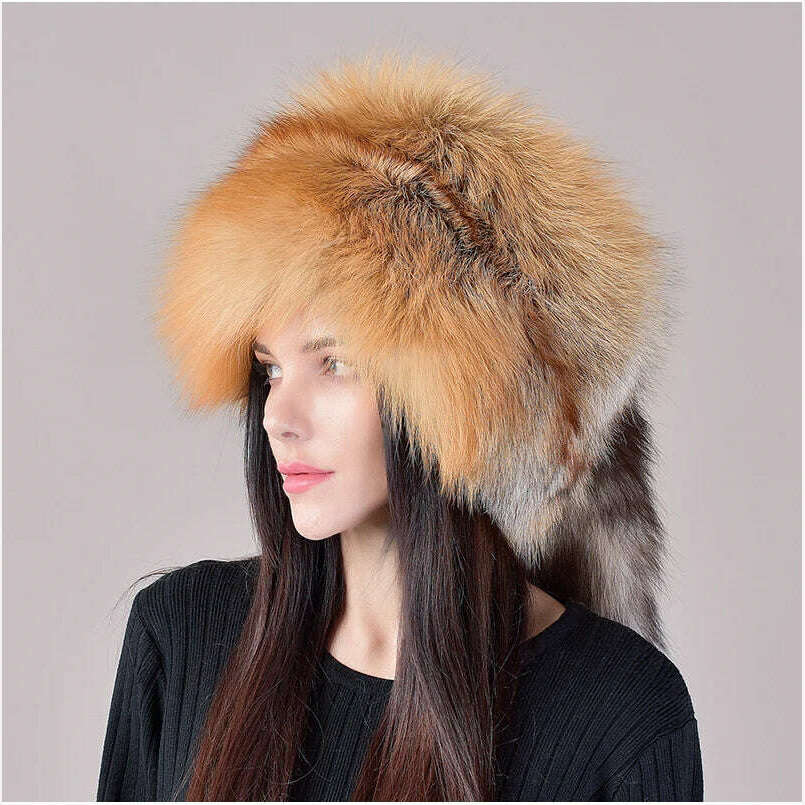 KIMLUD, 2023 New Style Natural Fox Fur Russian Hat Ushanka Women Winter Warm Fluffy Popular Style Female Tail Cap Fashion Real Fur Hats, KIMLUD Womens Clothes