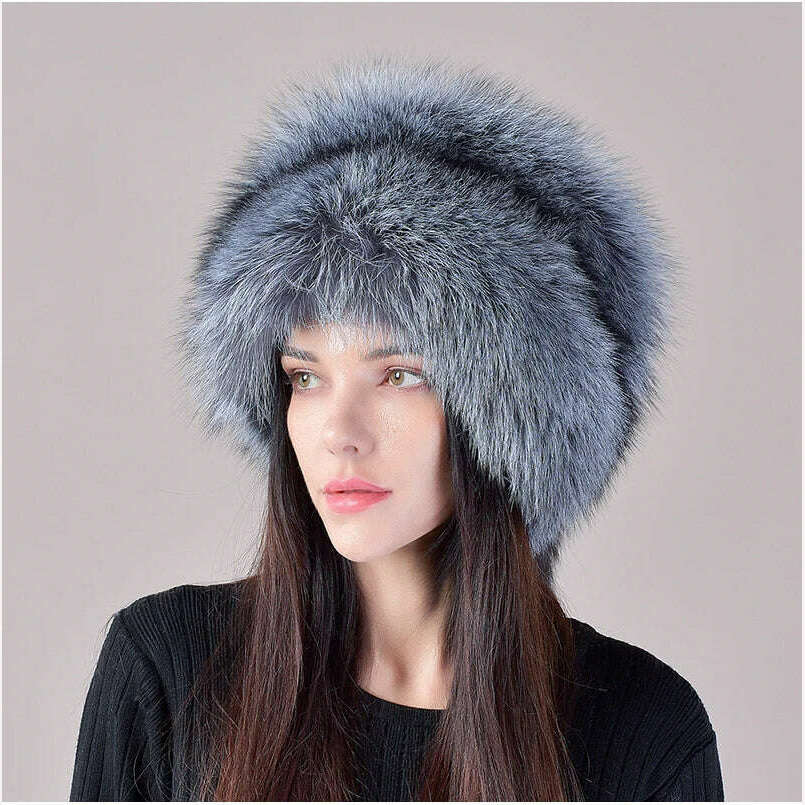 KIMLUD, 2023 New Style Natural Fox Fur Russian Hat Ushanka Women Winter Warm Fluffy Popular Style Female Tail Cap Fashion Real Fur Hats, KIMLUD Womens Clothes