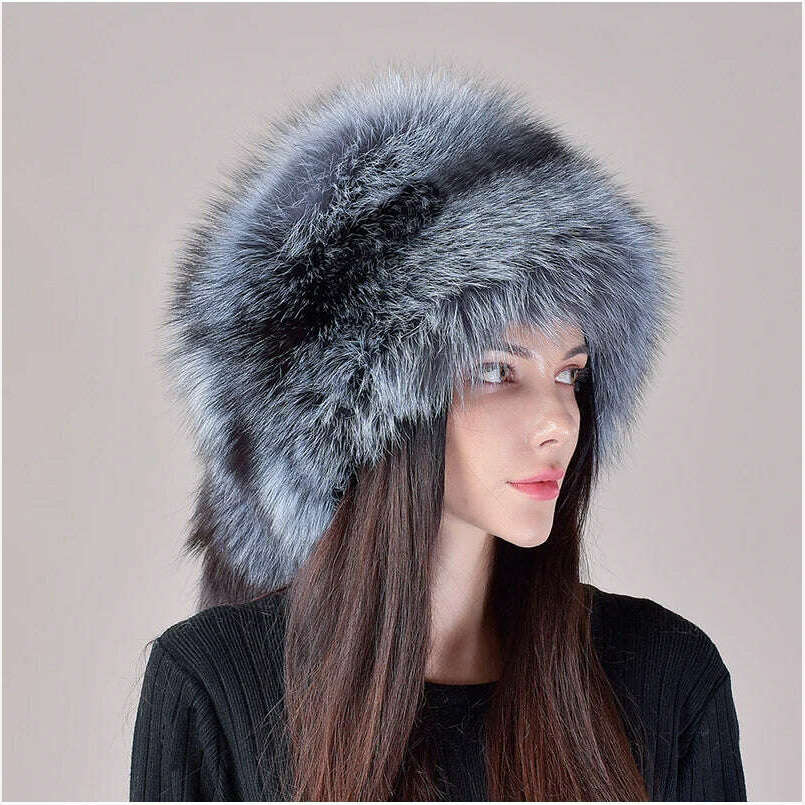 KIMLUD, 2023 New Style Natural Fox Fur Russian Hat Ushanka Women Winter Warm Fluffy Popular Style Female Tail Cap Fashion Real Fur Hats, KIMLUD Womens Clothes