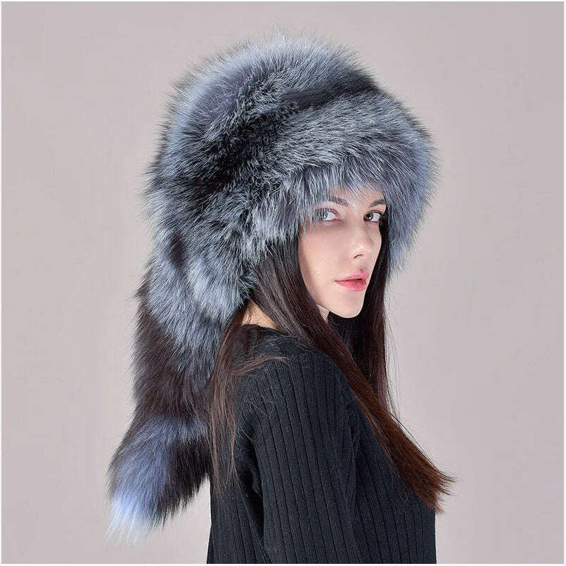 KIMLUD, 2023 New Style Natural Fox Fur Russian Hat Ushanka Women Winter Warm Fluffy Popular Style Female Tail Cap Fashion Real Fur Hats, KIMLUD Womens Clothes