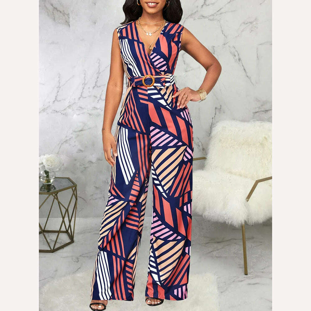 KIMLUD, 2023 New Summer Geometric Printed Sleeveless V-neck Jumpsuit of One Fashion Casual Pieces for Women Elegant Female, KIMLUD Womens Clothes