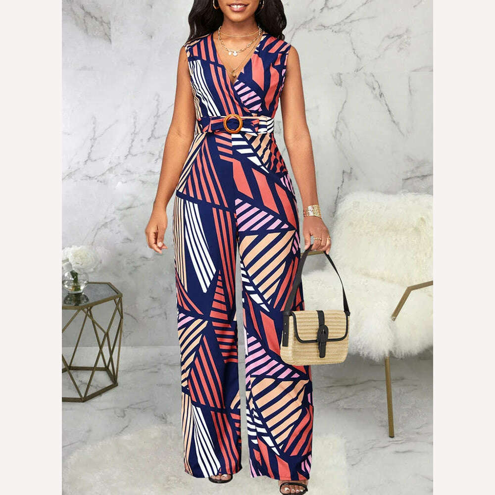 KIMLUD, 2023 New Summer Geometric Printed Sleeveless V-neck Jumpsuit of One Fashion Casual Pieces for Women Elegant Female, KIMLUD Womens Clothes