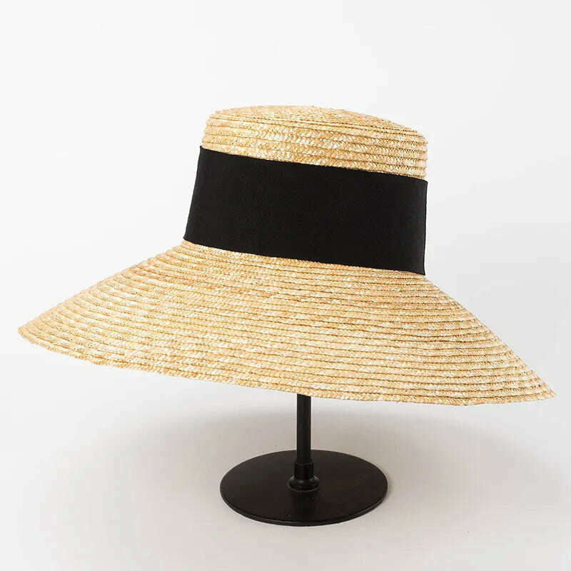 KIMLUD, 2023 New Wide Brim Beach Hats With Neck Tie For Women Large UV Protection Sun Hats Summer Big Brim Wheat Straw Hats Wholesale, black ribbon, KIMLUD Womens Clothes