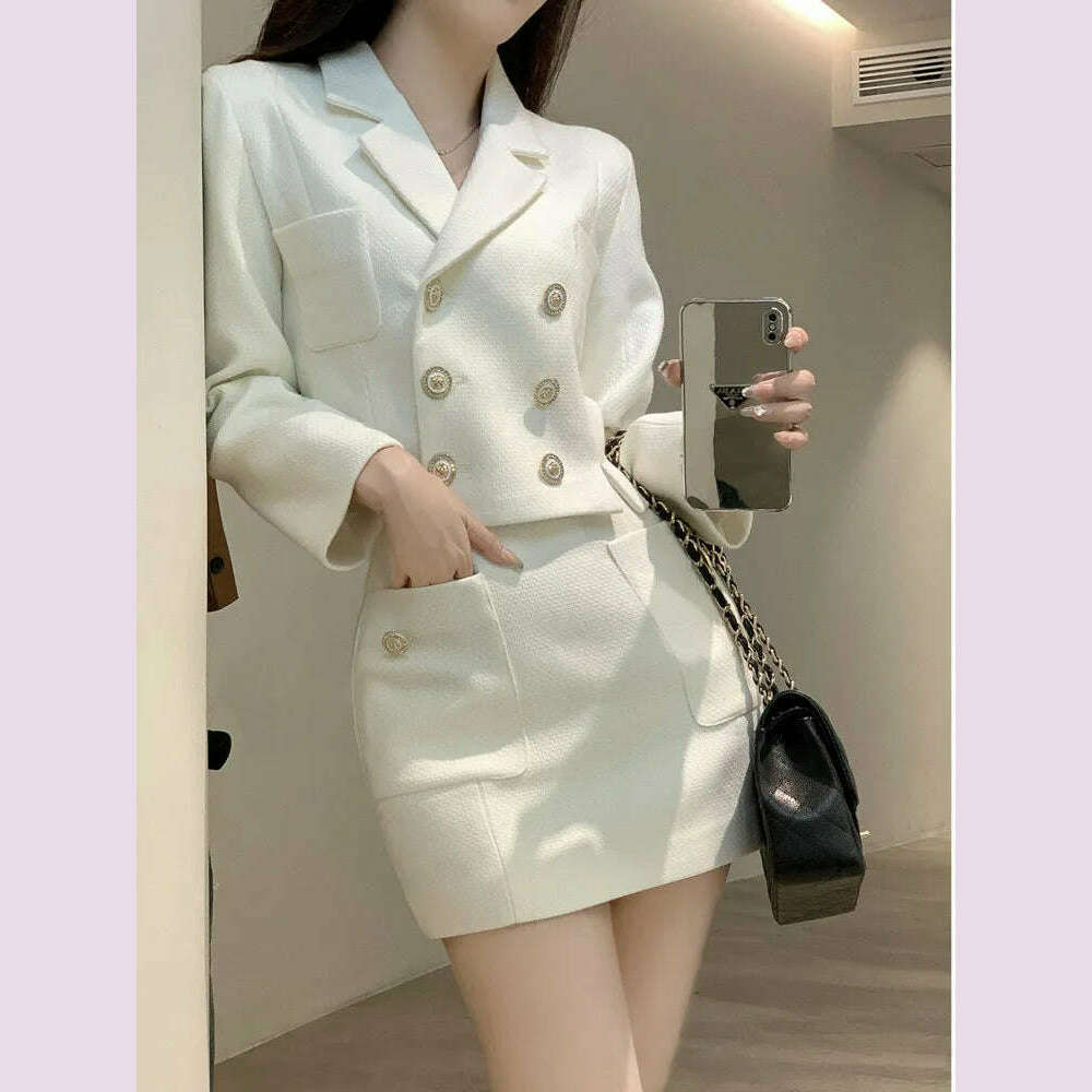 KIMLUD, 2023 Retro Double Breasted Short Women Blazer + High Waist Sexy Mini Skirt Set High Quality Autumn Long Sleeve 2 Pieces Set, KIMLUD Womens Clothes